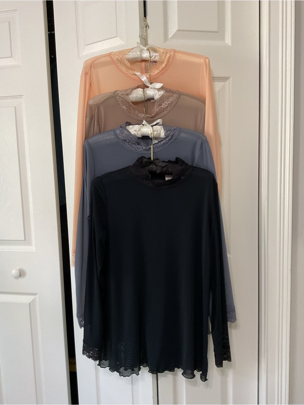 Logo set of 4 Women's Lace-Trim Long Sleeve Blouse - Peach, Gray, Black, Taupe